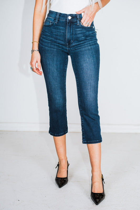 Judy Blue Mid - Rise Super Dark Wash Capris with Side Slit - Whiskey Skies - JUDY BLUE