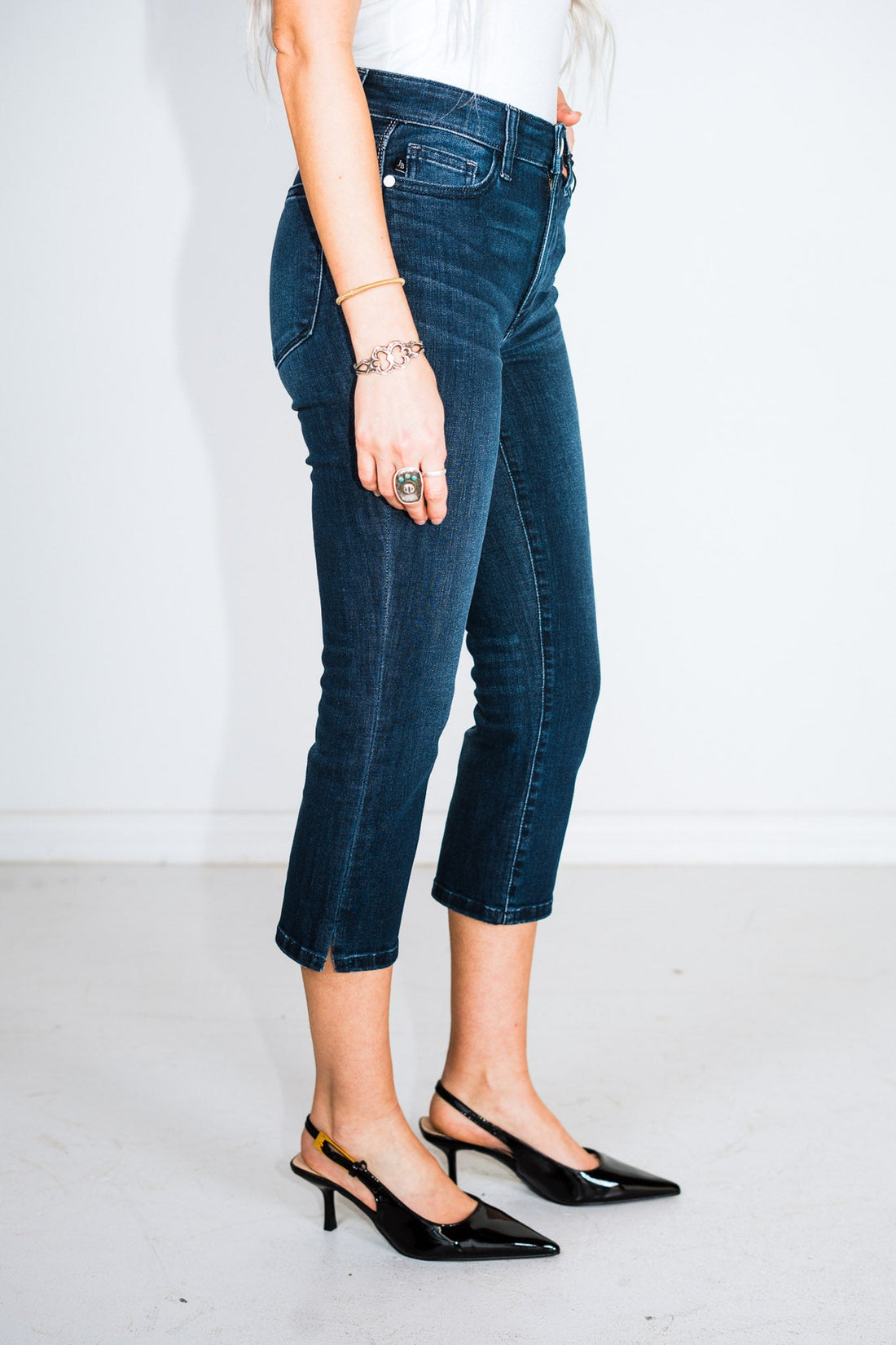 Judy Blue Mid - Rise Super Dark Wash Capris with Side Slit - Whiskey Skies - JUDY BLUE