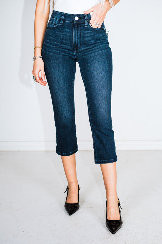 Judy Blue Mid - Rise Super Dark Wash Capris with Side Slit - Whiskey Skies - JUDY BLUE