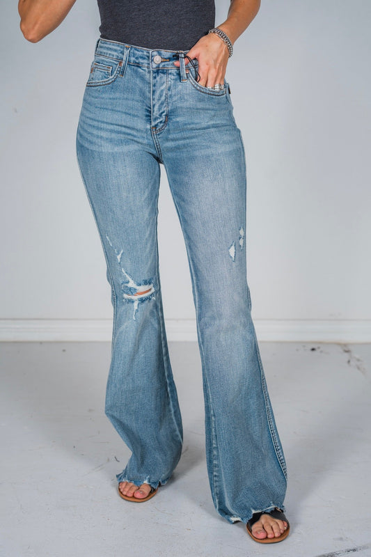 Judy Blue Mid - Rise Tummy Control Destroy Flares - Whiskey Skies - JUDY BLUE