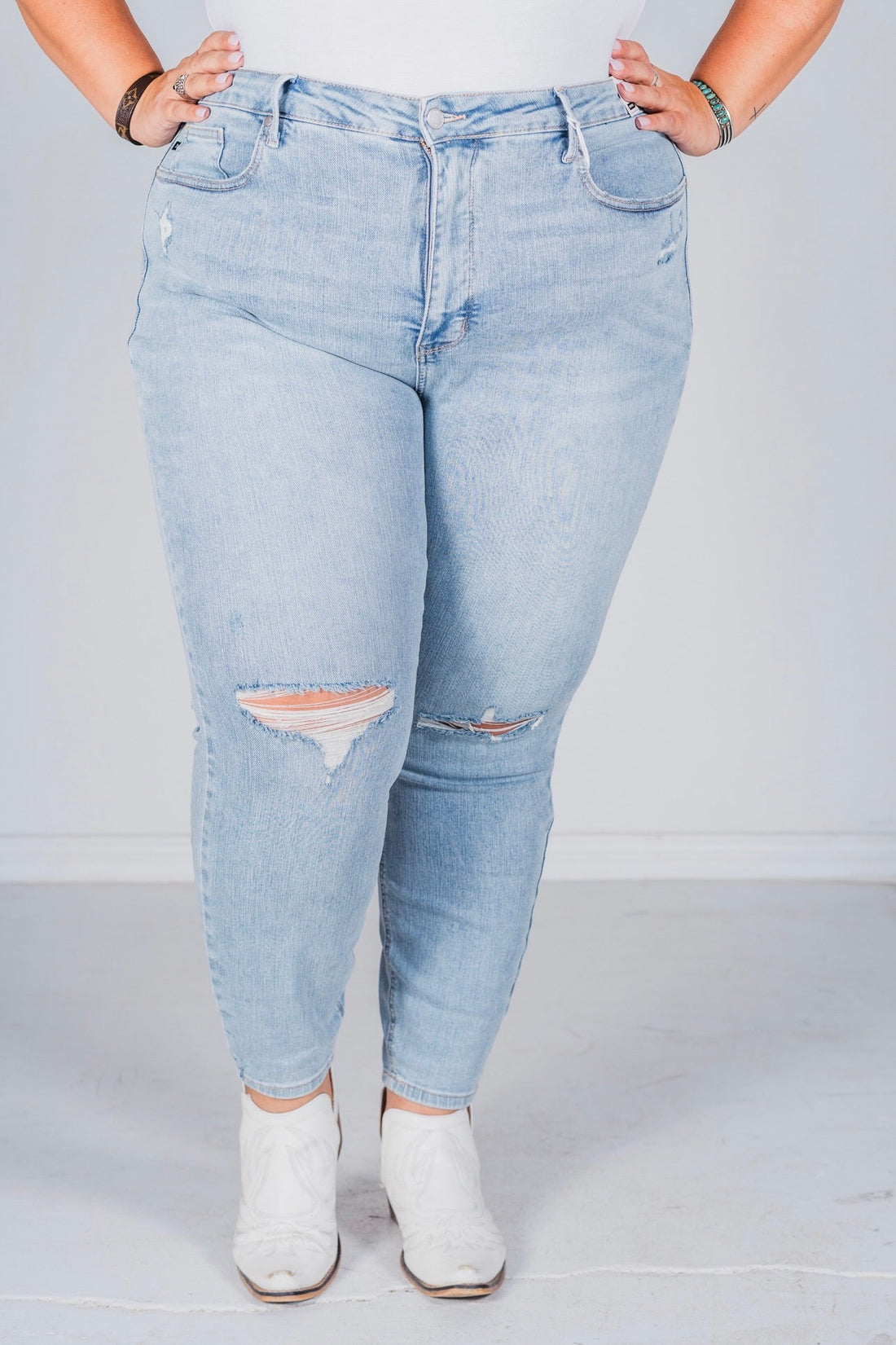 Judy Blue Mid Rise Tummy Control Destroy Skinny Jeans - Whiskey Skies - JUDY BLUE