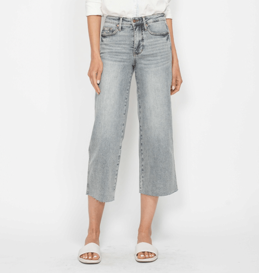 Judy Blue Mid Rise Tummy Control Raw Hem Wide Crop - Whiskey Skies - JUDY BLUE