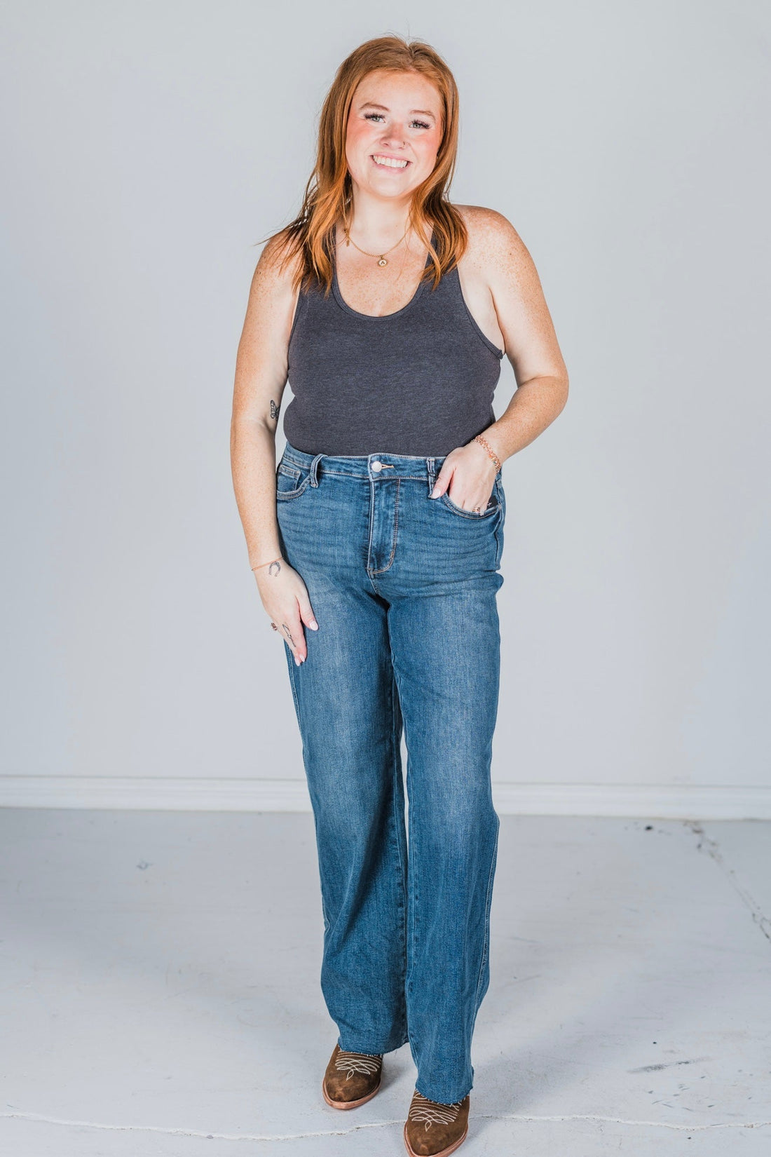 Judy Blue Mid - Rise Tummy Control Vintage Straight Leg Jeans - Whiskey Skies - JUDY BLUE