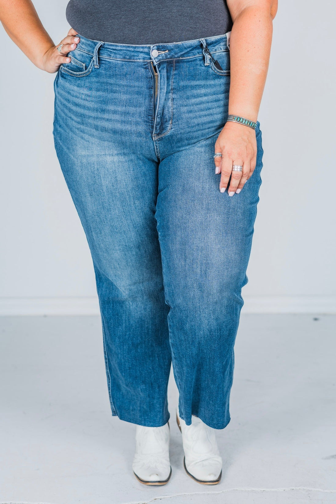 Judy Blue Mid - Rise Tummy Control Vintage Straight Leg Jeans - Whiskey Skies - JUDY BLUE