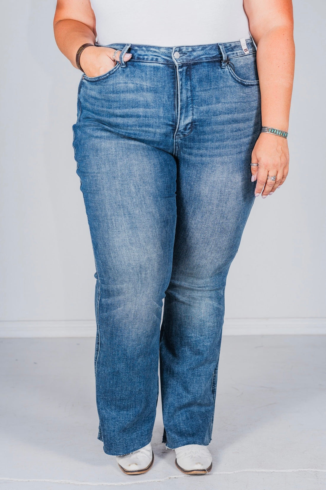 Judy Blue Mid - Rise Tummy Control Vintage Wash Cut Hem Flares - Whiskey Skies - JUDY BLUE