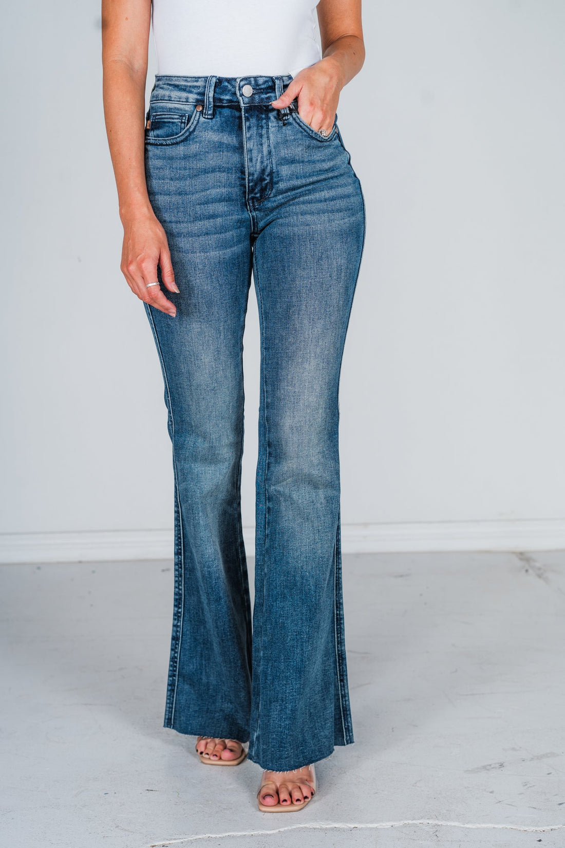 Judy Blue Mid - Rise Tummy Control Vintage Wash Cut Hem Flares - Whiskey Skies - JUDY BLUE