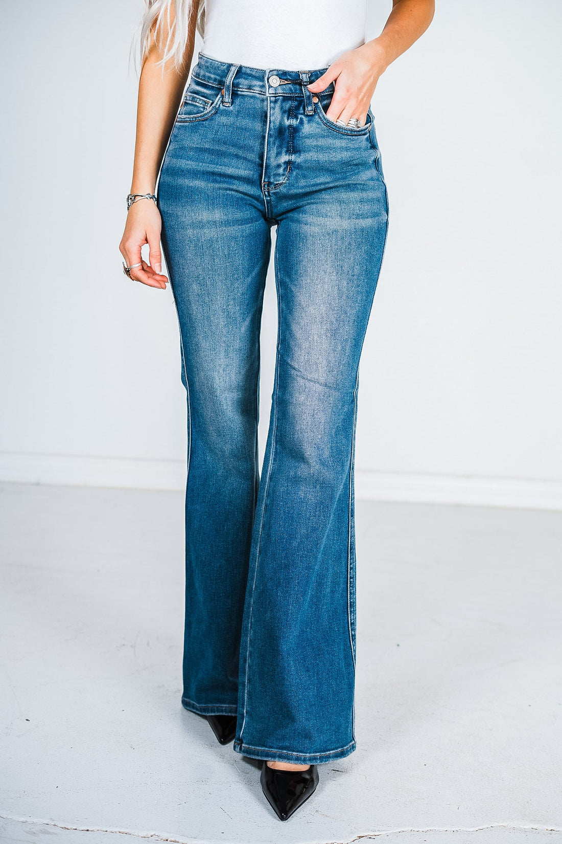 Judy Blue Mid Rise Tummy Control Vintage Wash Flare Jeans - Whiskey Skies - JUDY BLUE