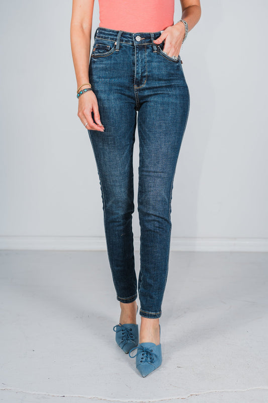 Judy Blue Mid Rise Tummy Control Vintage Wash Skinny Jeans - Whiskey Skies - JUDY BLUE