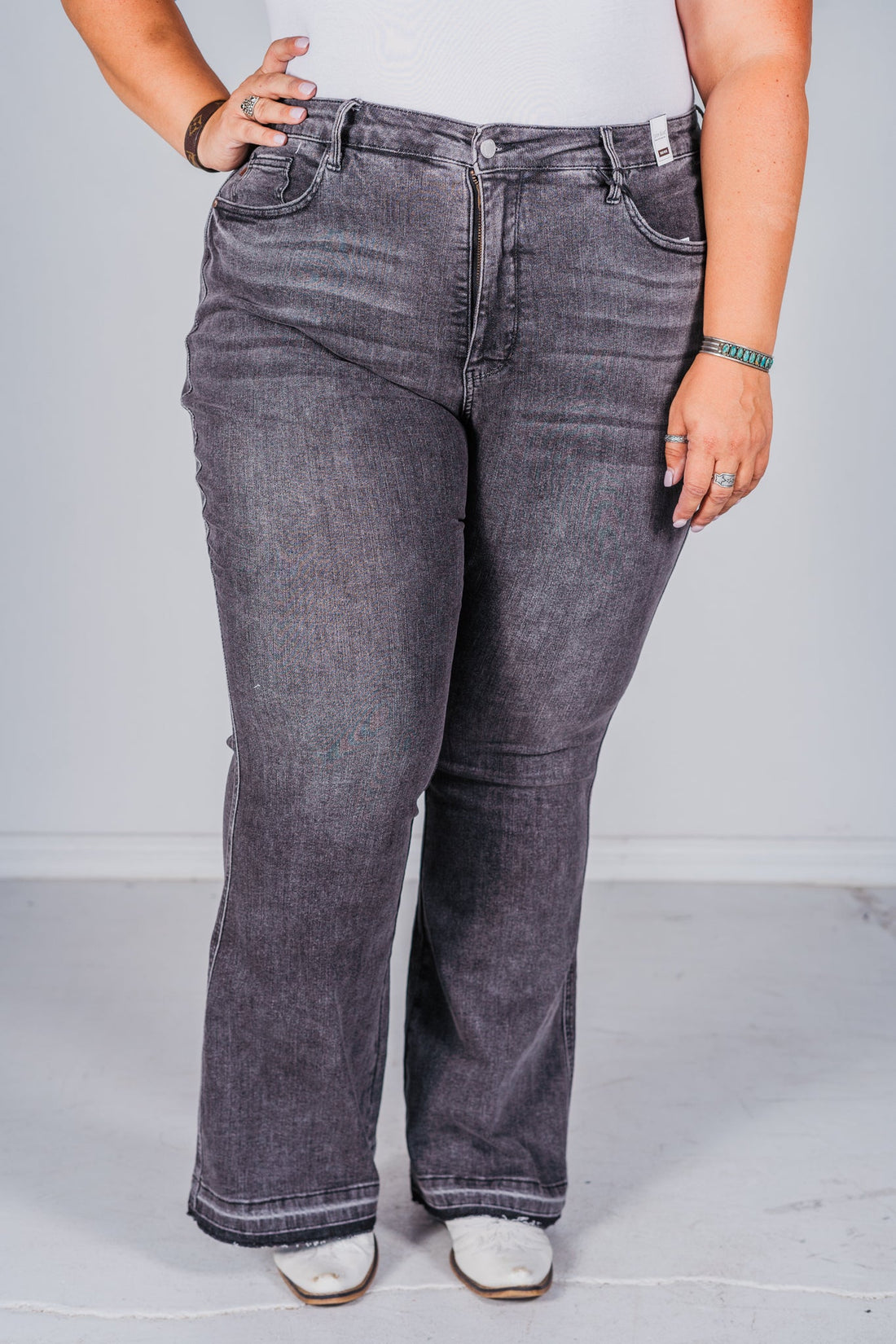 Judy Blue Mid - Rise Tummy Control Washed Gray Release Hem Flares - Whiskey Skies - JUDY BLUE