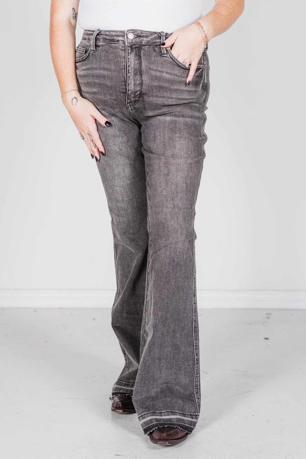 Judy Blue Mid - Rise Tummy Control Washed Gray Release Hem Flares - Whiskey Skies - JUDY BLUE