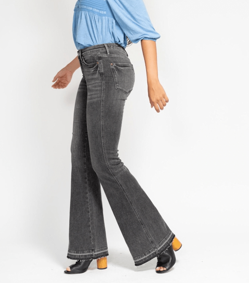 Judy Blue Mid - Rise Tummy Control Washed Gray Release Hem Flares - Whiskey Skies - JUDY BLUE