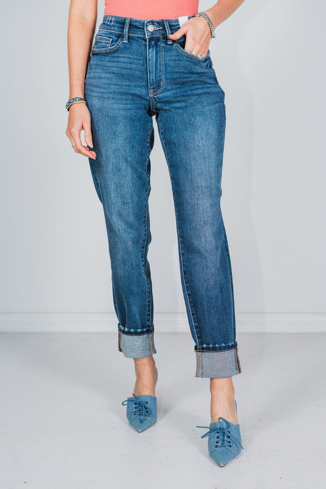 Judy Blue Mid - Rise Vintage Wash Cuffed Boyfriend Jeans - Whiskey Skies - JUDY BLUE