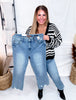 Judy Blue Mid - Rise Vintage Wash Distressed Hem Kick Flare Jeans - Whiskey Skies - JUDY BLUE