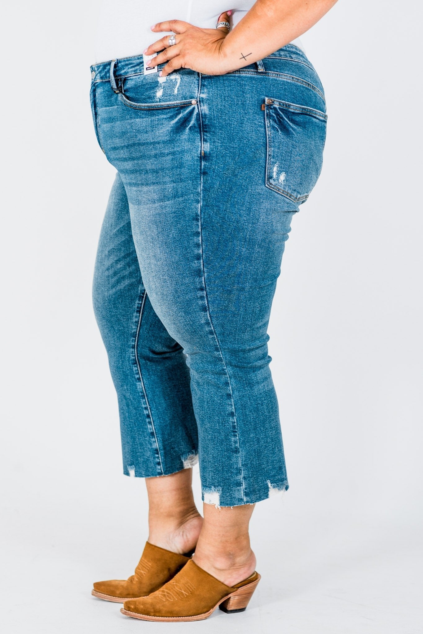 Judy Blue Mid - Rise Vintage Wash Distressed Hem Kick Flare Jeans - Whiskey Skies - JUDY BLUE