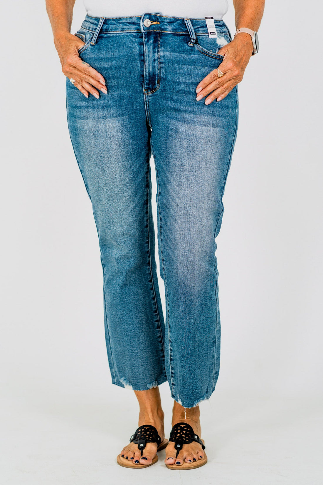 Judy Blue Mid - Rise Vintage Wash Distressed Hem Kick Flare Jeans - Whiskey Skies - JUDY BLUE