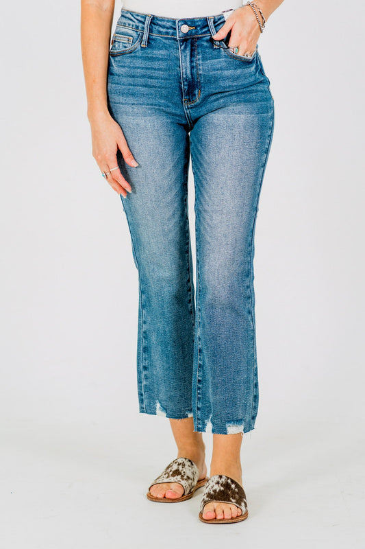 Judy Blue Mid - Rise Vintage Wash Distressed Hem Kick Flare Jeans - Whiskey Skies - JUDY BLUE
