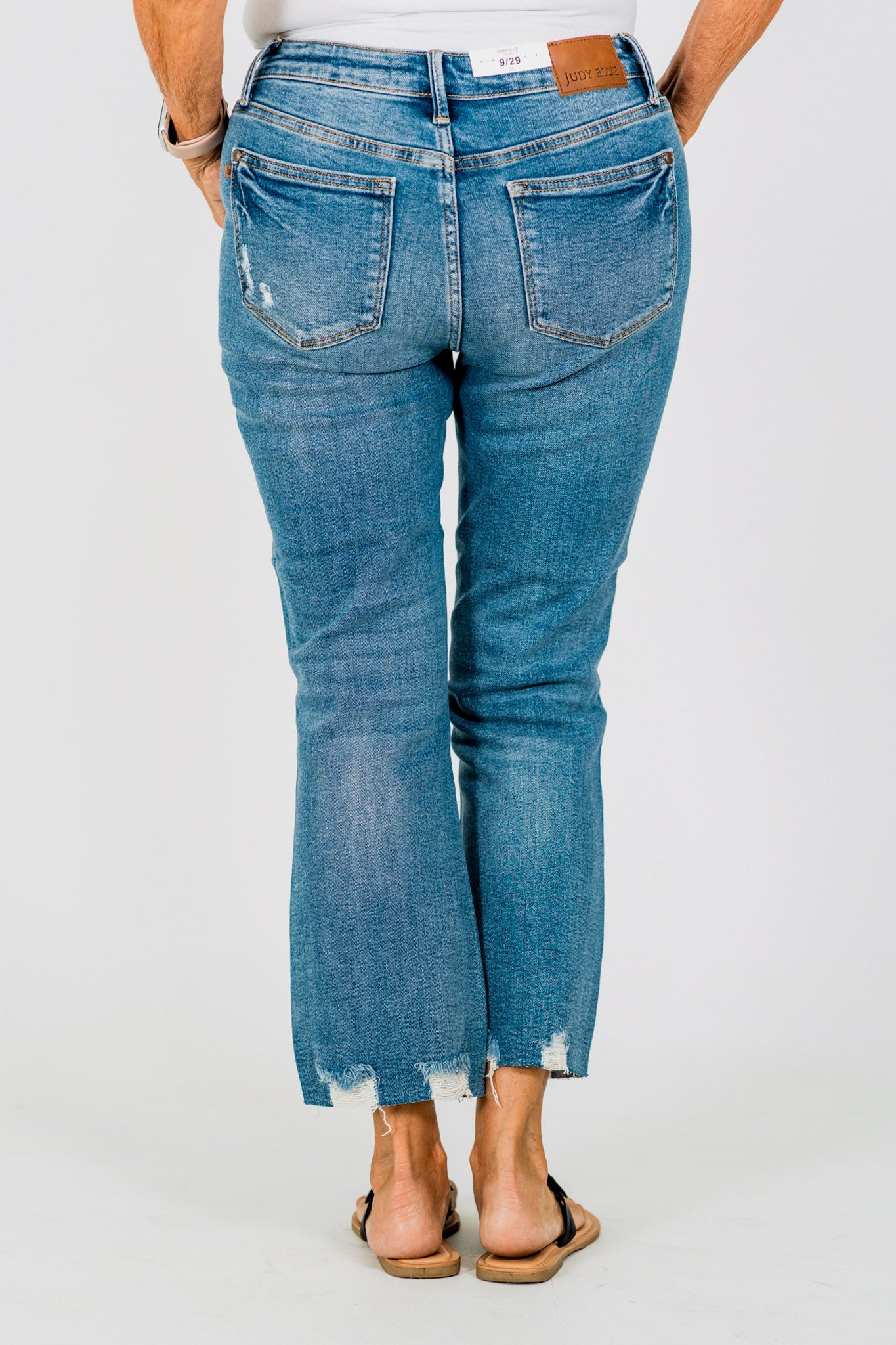 Judy Blue Mid - Rise Vintage Wash Distressed Hem Kick Flare Jeans - Whiskey Skies - JUDY BLUE