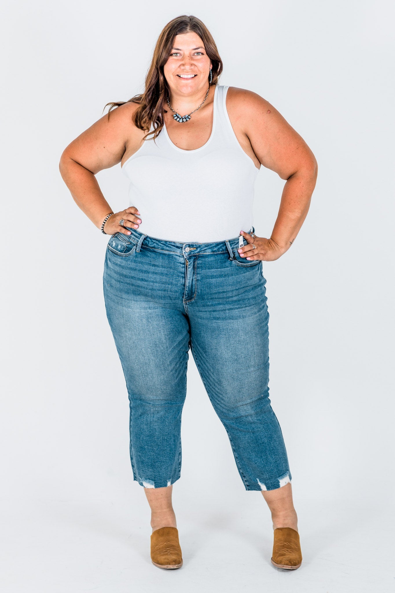 Judy Blue Mid - Rise Vintage Wash Distressed Hem Kick Flare Jeans - Whiskey Skies - JUDY BLUE
