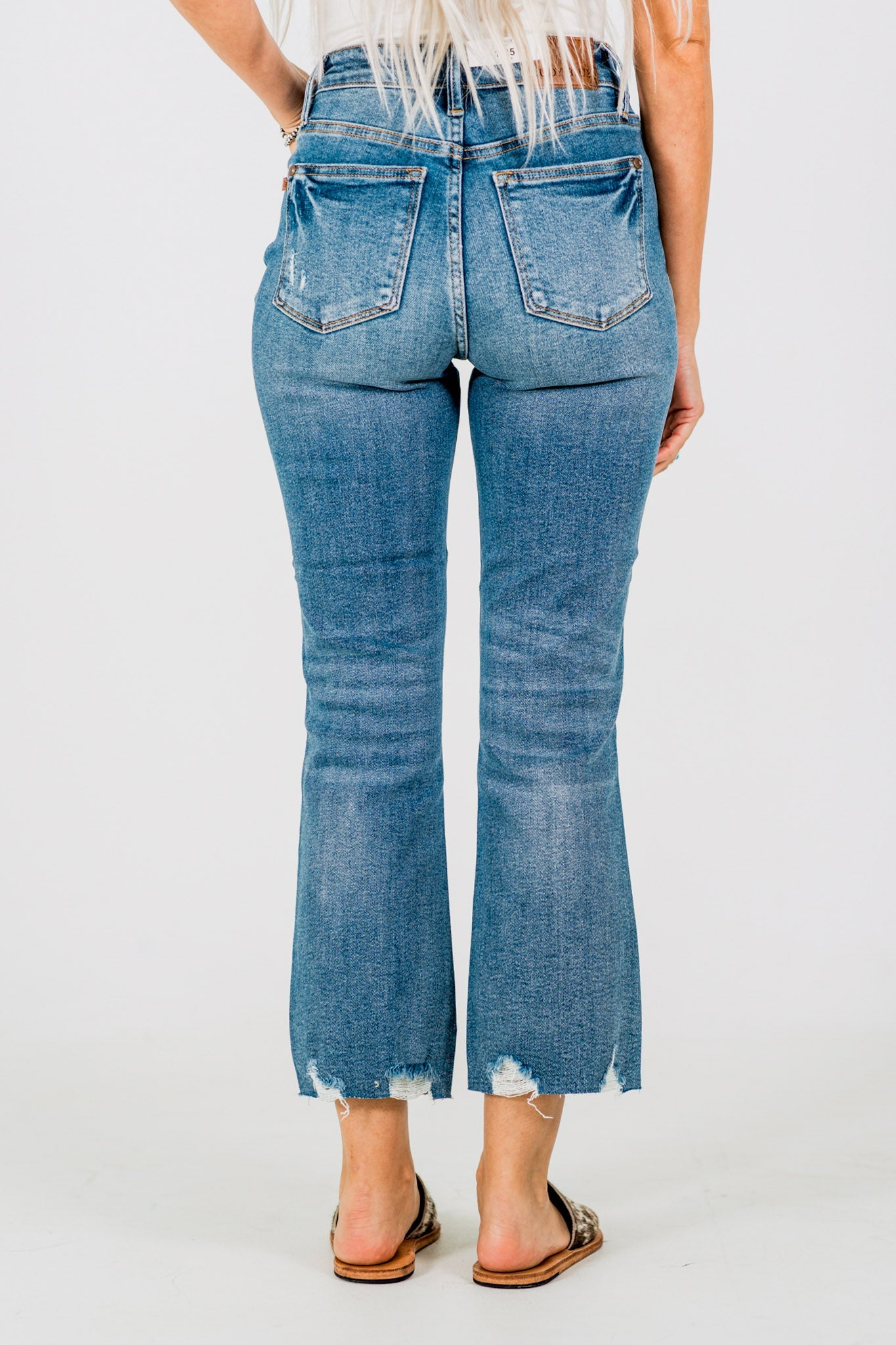 Judy Blue Mid - Rise Vintage Wash Distressed Hem Kick Flare Jeans - Whiskey Skies - JUDY BLUE