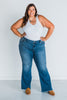 Judy Blue Mid - Rise Vintage Wash Flare Jeans w/ Destroy Fray Hem - Whiskey Skies - JUDY BLUE