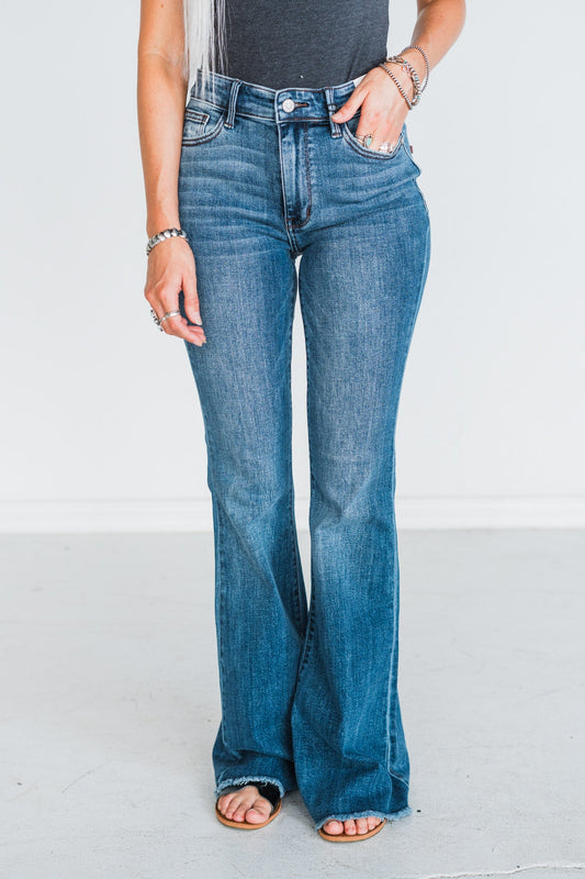 Judy Blue Mid - Rise Vintage Wash Flare Jeans w/ Destroy Fray Hem - Whiskey Skies - JUDY BLUE