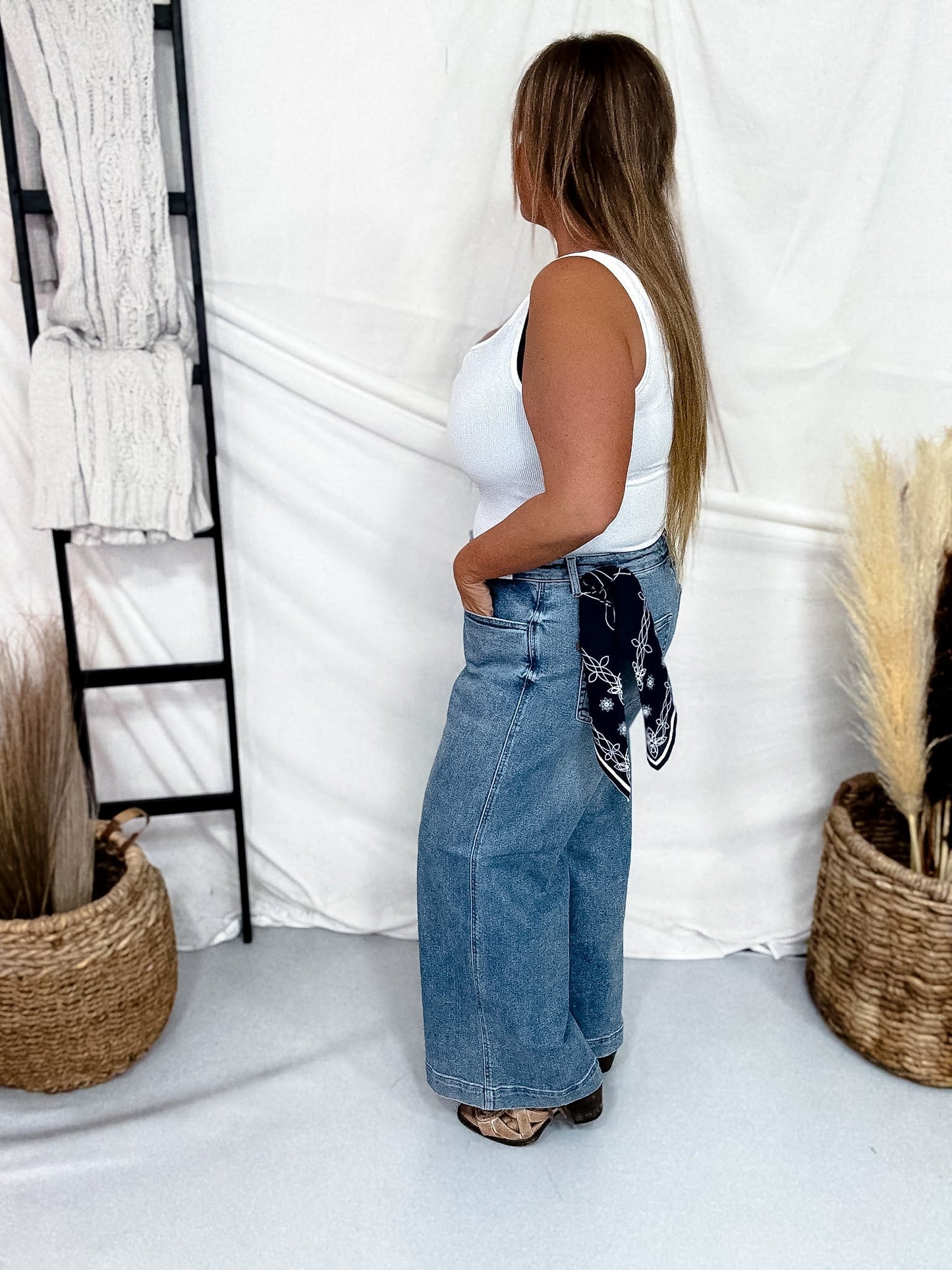 Judy Blue Mid Rise Wide Leg Ankle Jeans W/ Bandana Loop - Whiskey Skies - JUDY BLUE