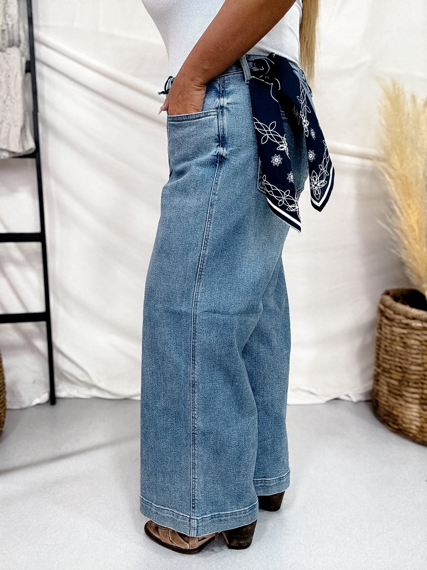 Judy Blue Mid Rise Wide Leg Ankle Jeans W/ Bandana Loop - Whiskey Skies - JUDY BLUE