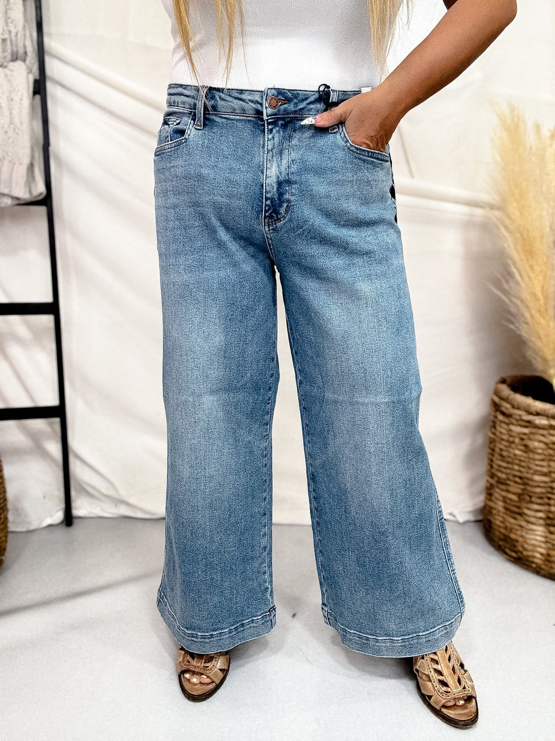 Judy Blue Mid Rise Wide Leg Ankle Jeans W/ Bandana Loop - Whiskey Skies - JUDY BLUE