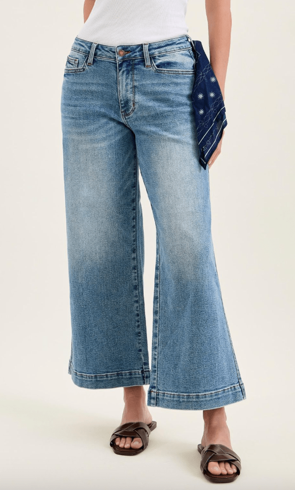 Judy Blue Mid Rise Wide Leg Ankle Jeans W/ Bandana Loop - Whiskey Skies - JUDY BLUE