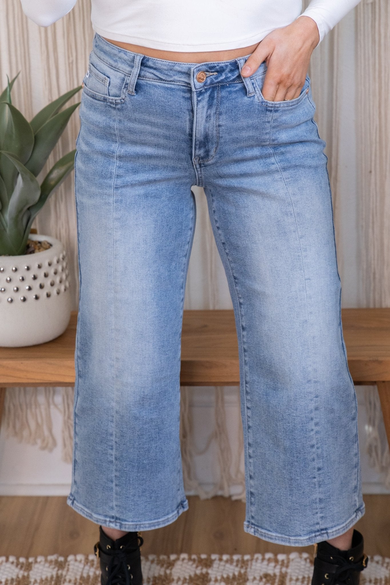 Judy Blue Mid - Rise Wide Leg Crop Vintage Pocket Jeans - Whiskey Skies - JUDY BLUE