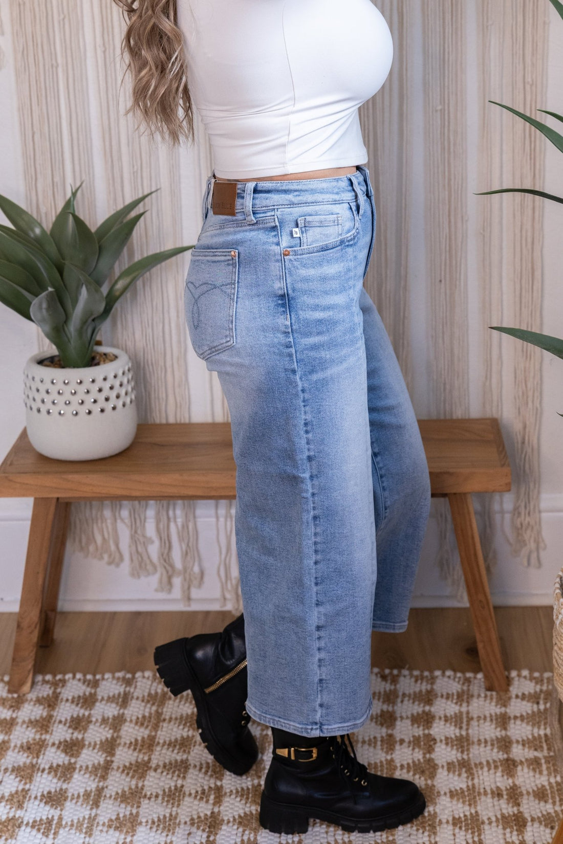 Judy Blue Mid - Rise Wide Leg Crop Vintage Pocket Jeans - Whiskey Skies - JUDY BLUE