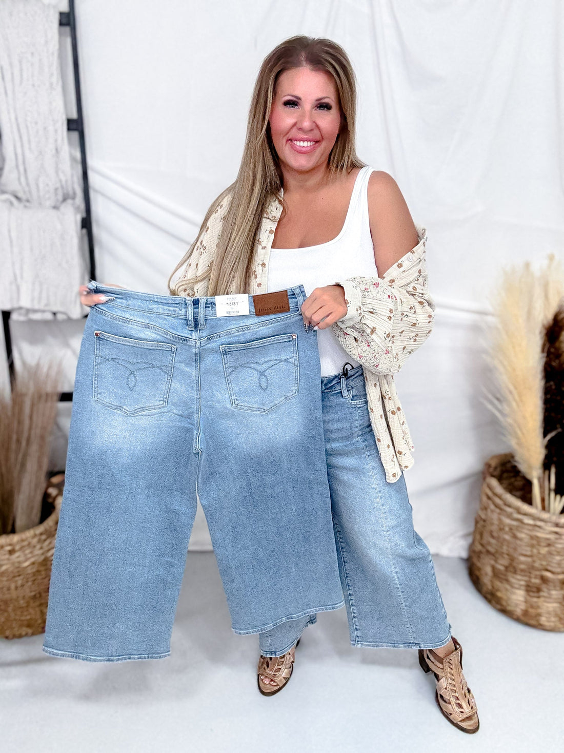 Judy Blue Mid - Rise Wide Leg Crop Vintage Pocket Jeans - Whiskey Skies - JUDY BLUE