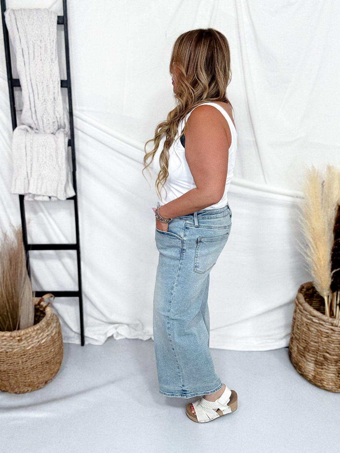 Judy Blue Mid Rise Wide Leg Cropped Jeans - Whiskey Skies - JUDY BLUE