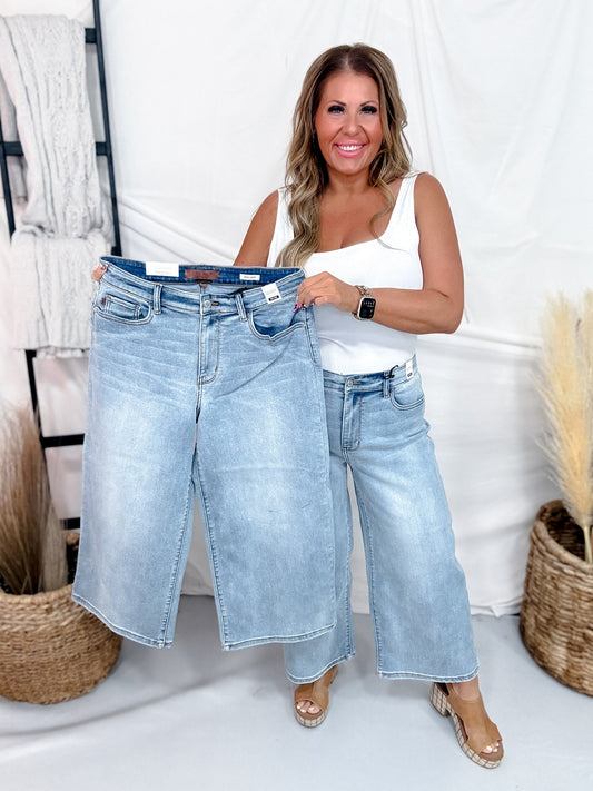 Judy Blue Mid - Rise Wide Leg Cropped Jeans - Whiskey Skies - JUDY BLUE