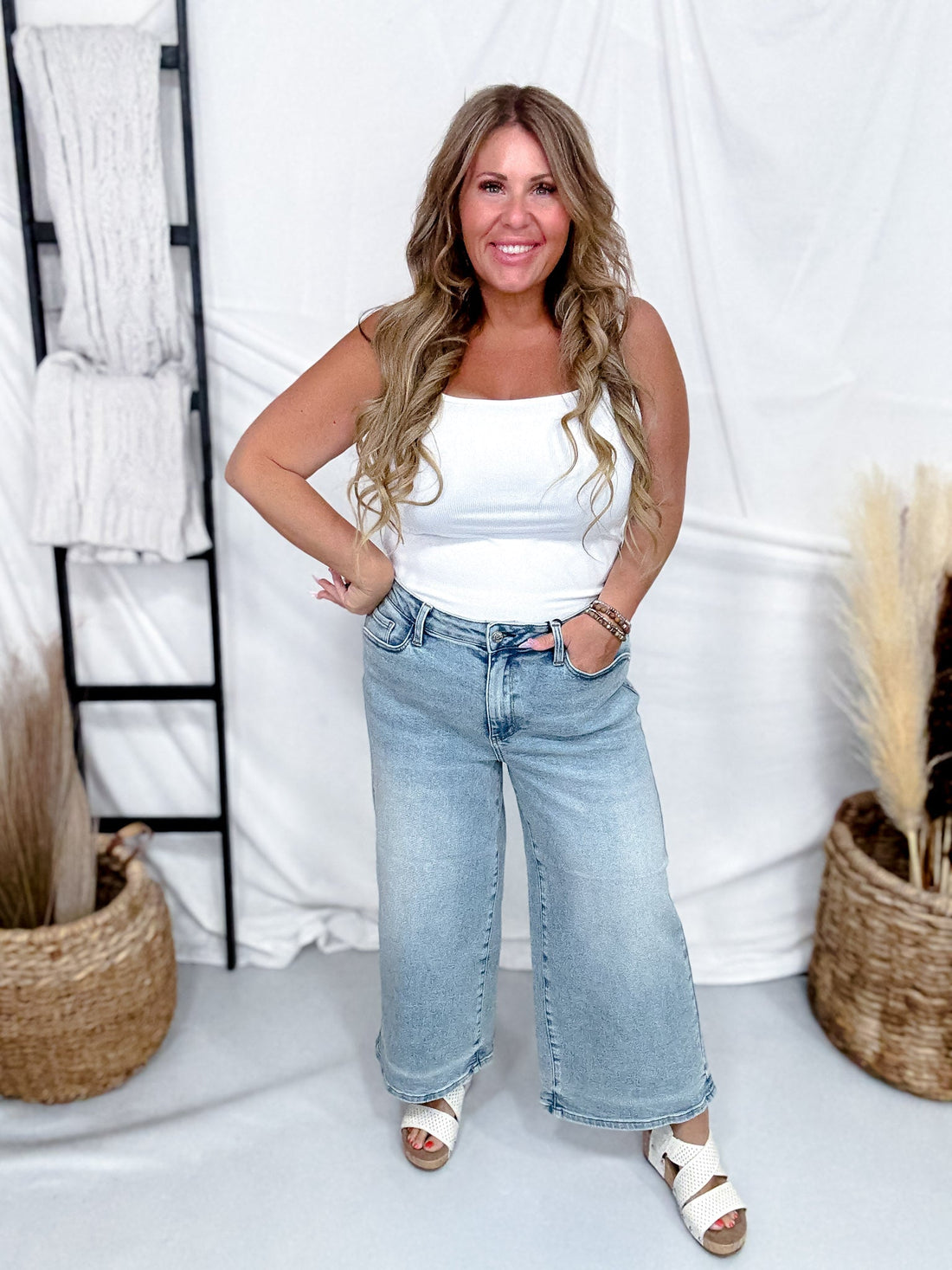 Judy Blue Mid Rise Wide Leg Cropped Jeans - Whiskey Skies - JUDY BLUE