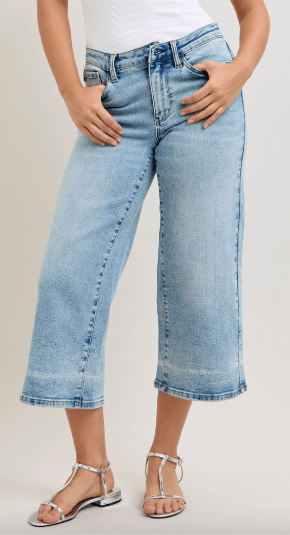 Judy Blue Mid Rise Wide Leg Cropped Jeans - Whiskey Skies - JUDY BLUE