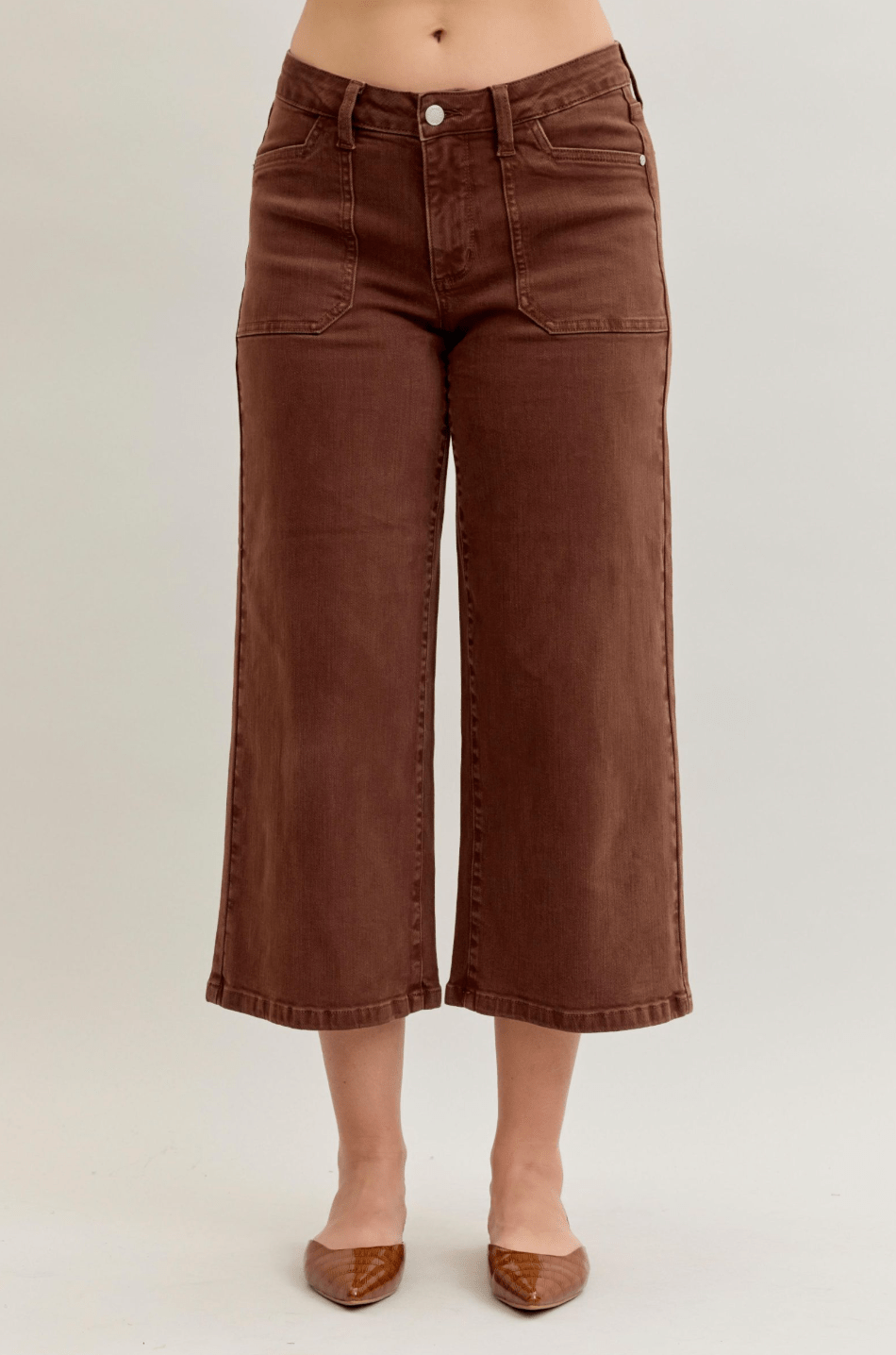 Judy Blue Mid - Rise Wide Leg Cropped Maple Garment Dyed Utility Pocket Jeans - Whiskey Skies - JUDY BLUE