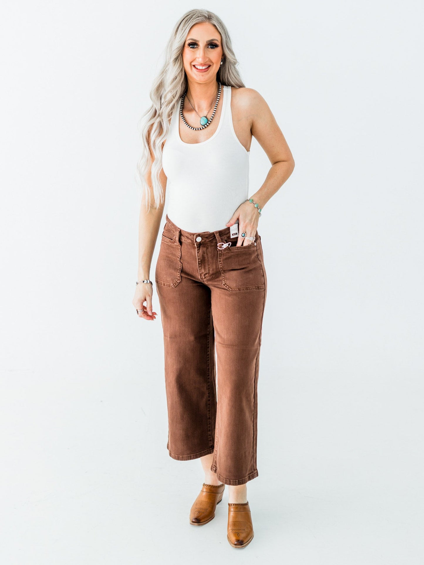 Judy Blue Mid - Rise Wide Leg Cropped Maple Garment Dyed Utility Pocket Jeans - Whiskey Skies - JUDY BLUE