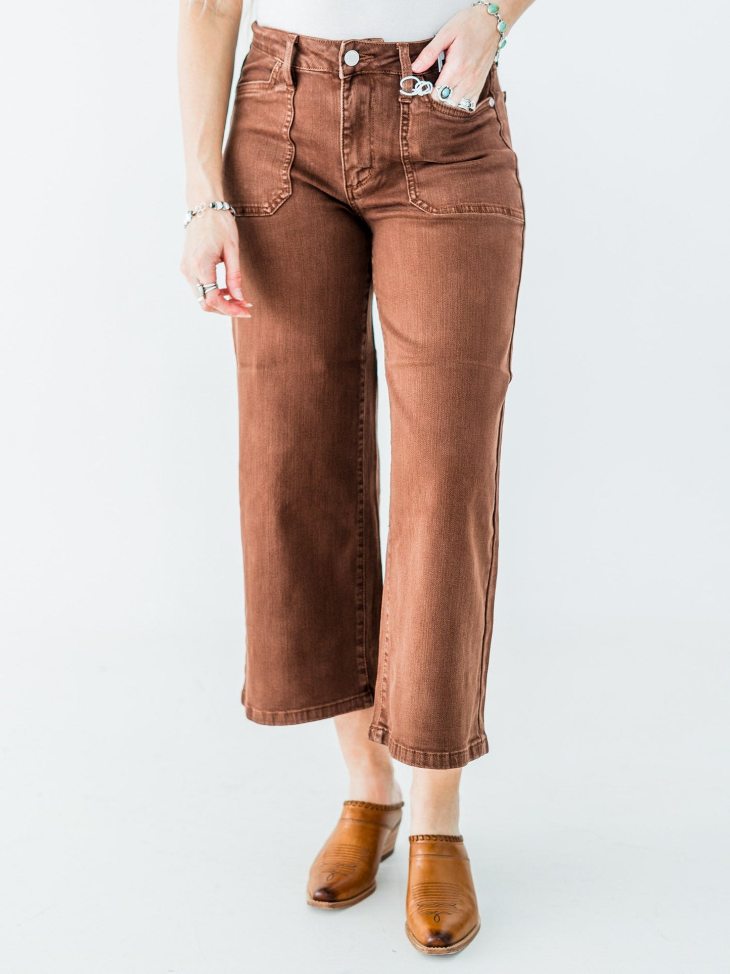Judy Blue Mid - Rise Wide Leg Cropped Maple Garment Dyed Utility Pocket Jeans - Whiskey Skies - JUDY BLUE