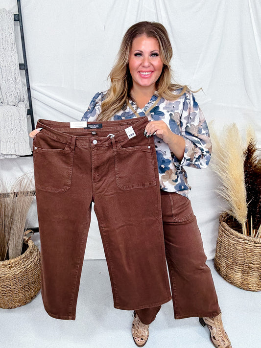 Judy Blue Mid - Rise Wide Leg Cropped Maple Garment Dyed Utility Pocket Jeans - Whiskey Skies - JUDY BLUE