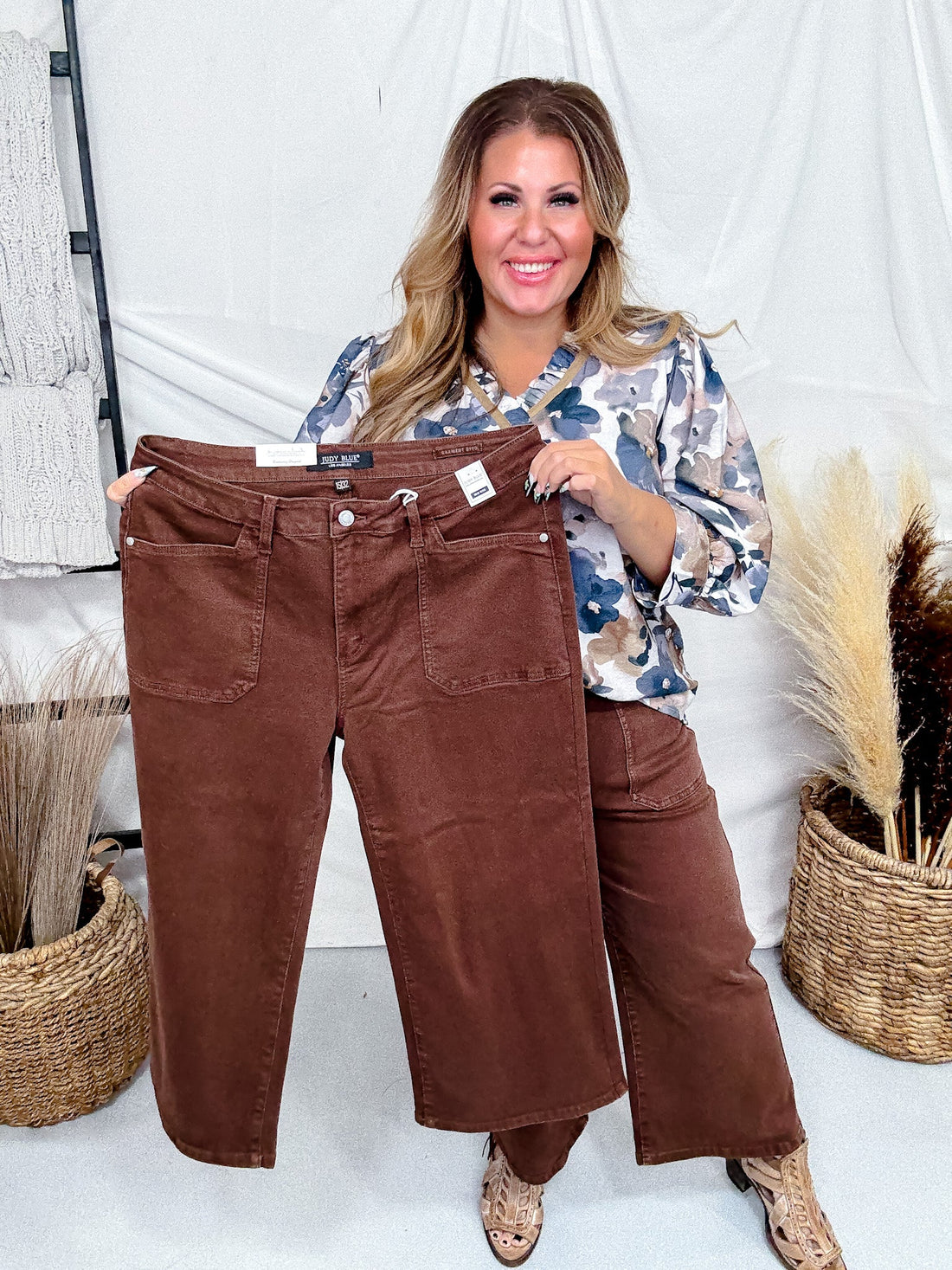 Judy Blue Mid - Rise Wide Leg Cropped Maple Garment Dyed Utility Pocket Jeans - Whiskey Skies - JUDY BLUE