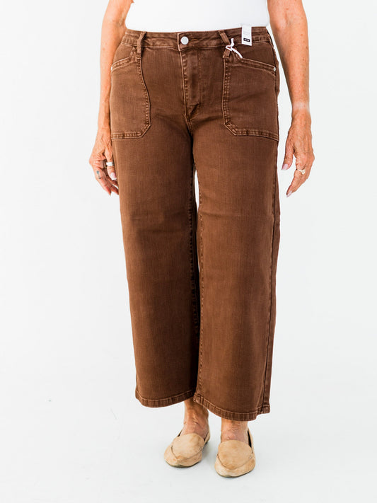 Judy Blue Mid - Rise Wide Leg Cropped Maple Garment Dyed Utility Pocket Jeans - Whiskey Skies - JUDY BLUE