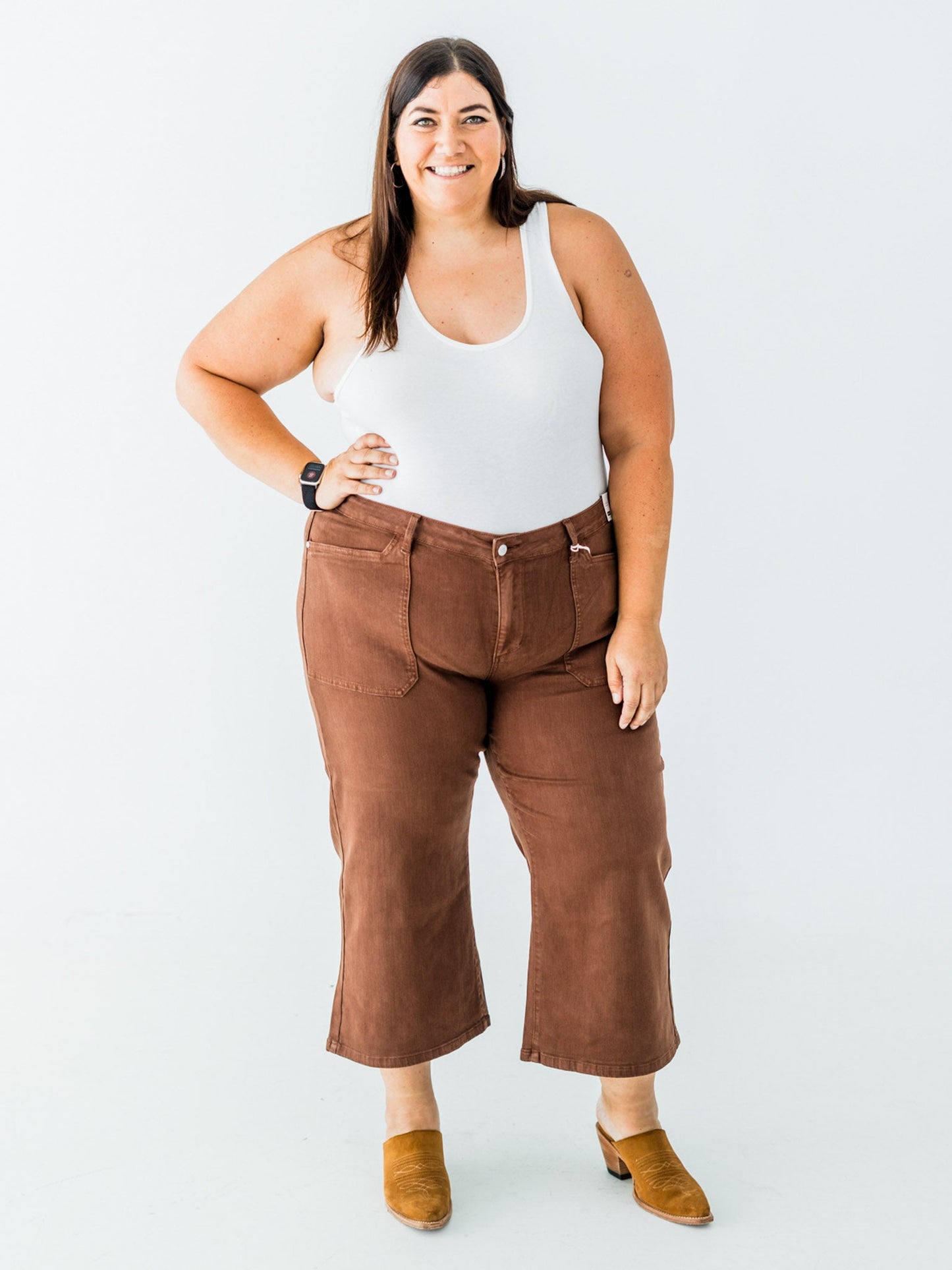 Judy Blue Mid - Rise Wide Leg Cropped Maple Garment Dyed Utility Pocket Jeans - Whiskey Skies - JUDY BLUE