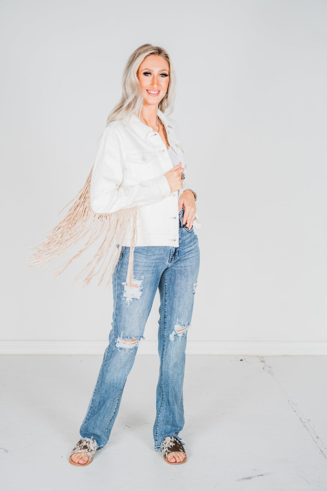 Judy Blue Off White Fringe Jacket - Whiskey Skies - JUDY BLUE