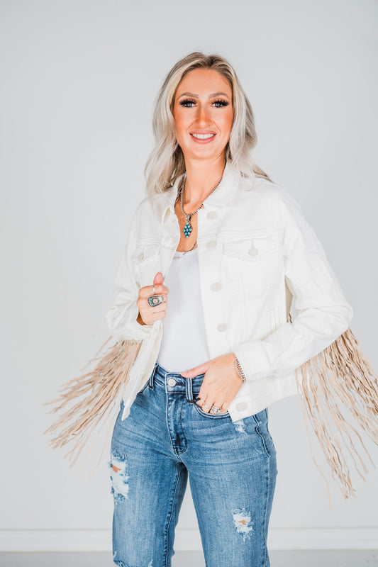 Judy Blue Off White Fringe Jacket - Whiskey Skies - JUDY BLUE