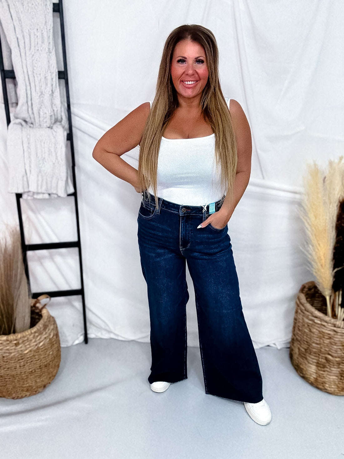 Judy Blue Petite High Waist Retro Wide Leg Jeans W/ Adjustable Waist Tabs - Whiskey Skies - JUDY BLUE