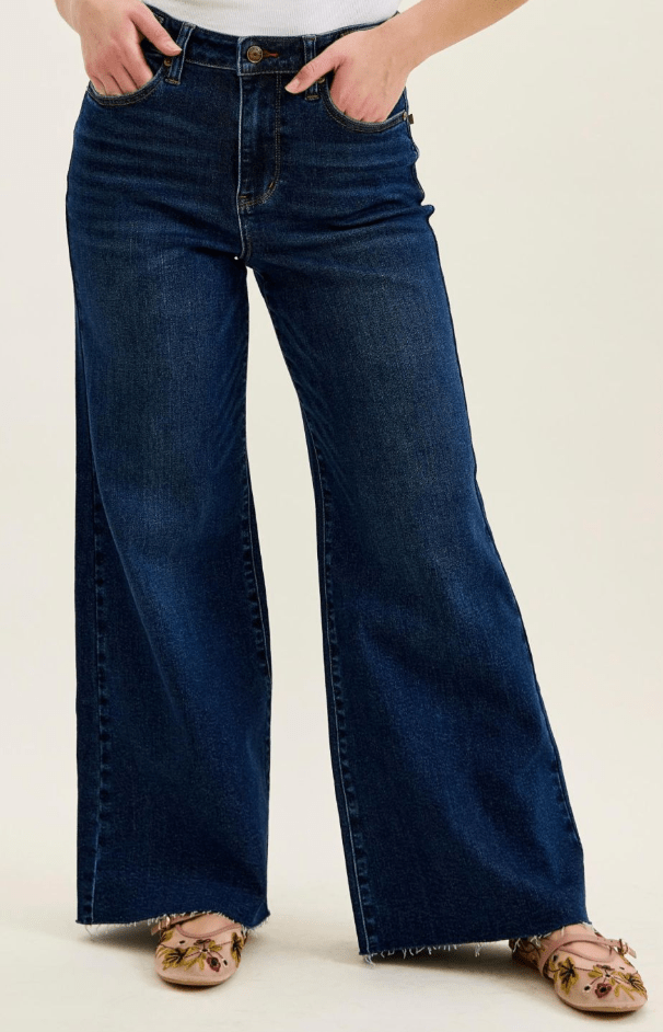 Judy Blue Petite High Waist Retro Wide Leg Jeans W/ Adjustable Waist Tabs - Whiskey Skies - JUDY BLUE