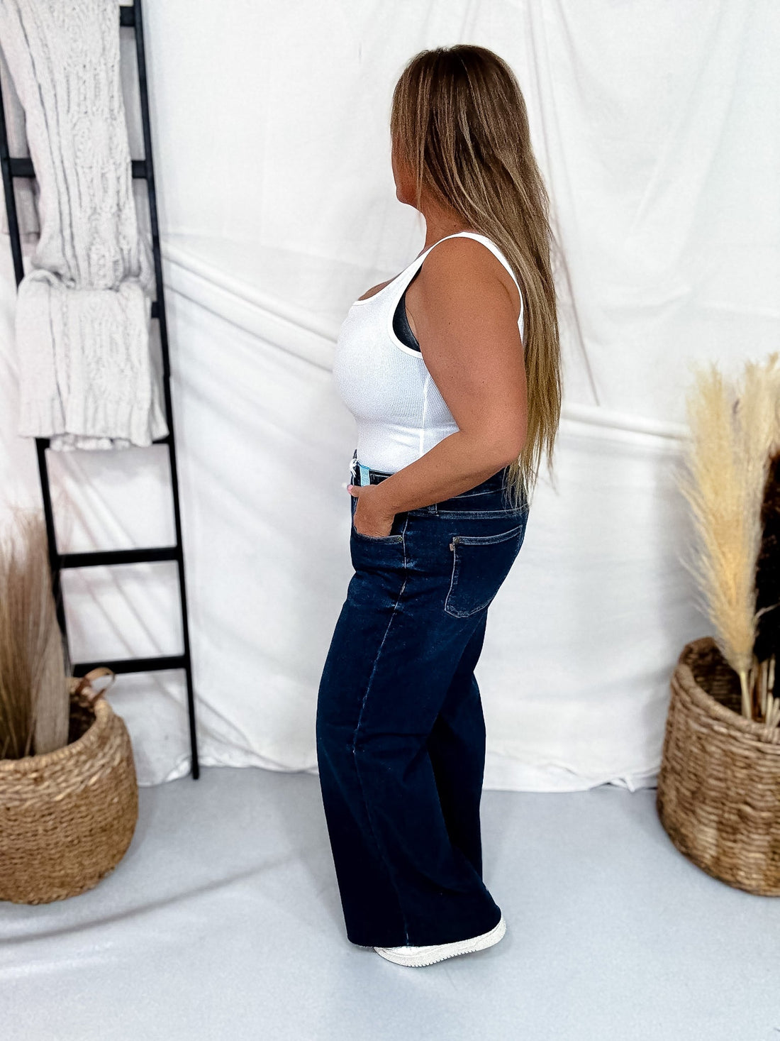 Judy Blue Petite High Waist Retro Wide Leg Jeans W/ Adjustable Waist Tabs - Whiskey Skies - JUDY BLUE