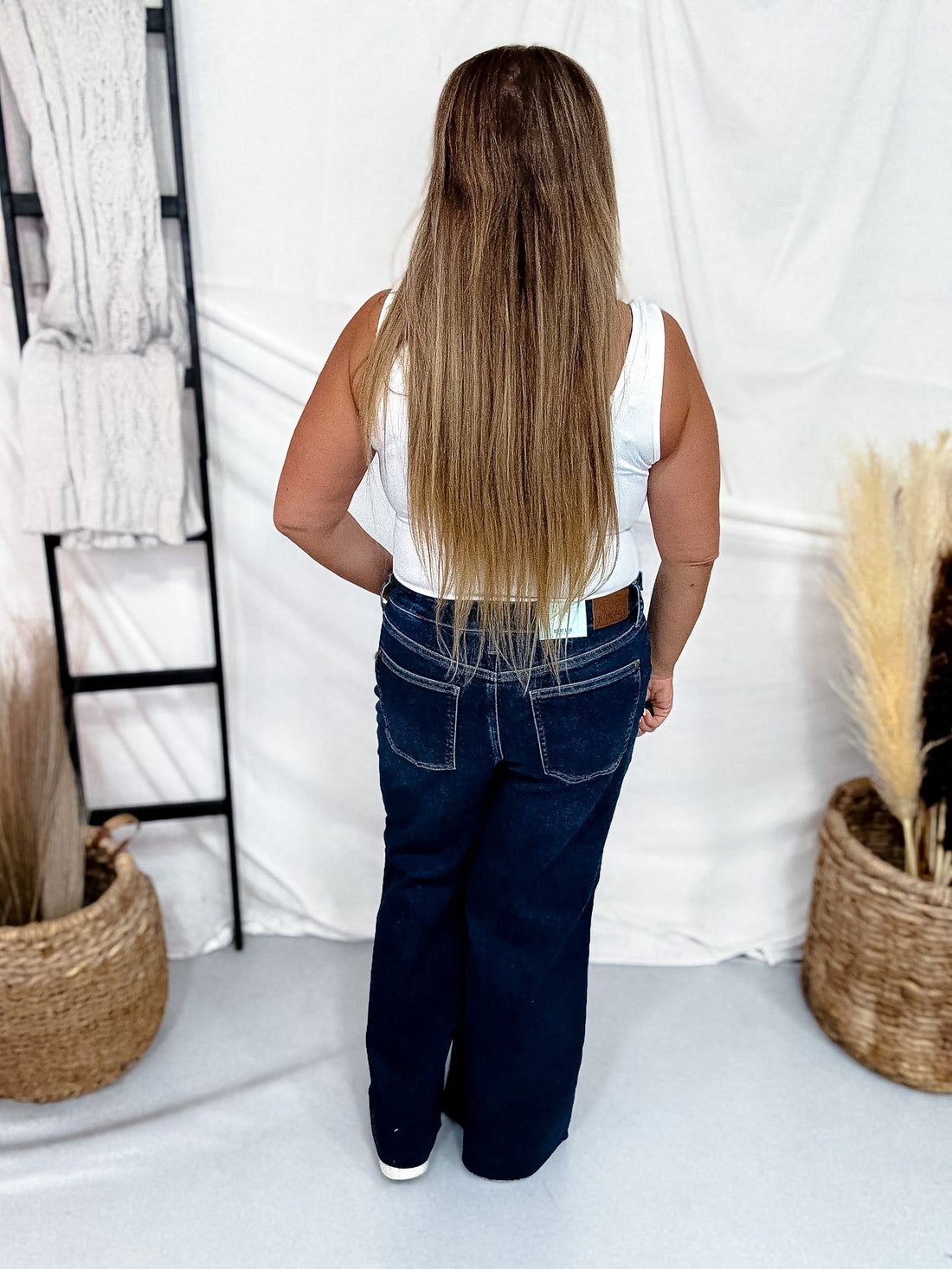 Judy Blue Petite High Waist Retro Wide Leg Jeans W/ Adjustable Waist Tabs - Whiskey Skies - JUDY BLUE
