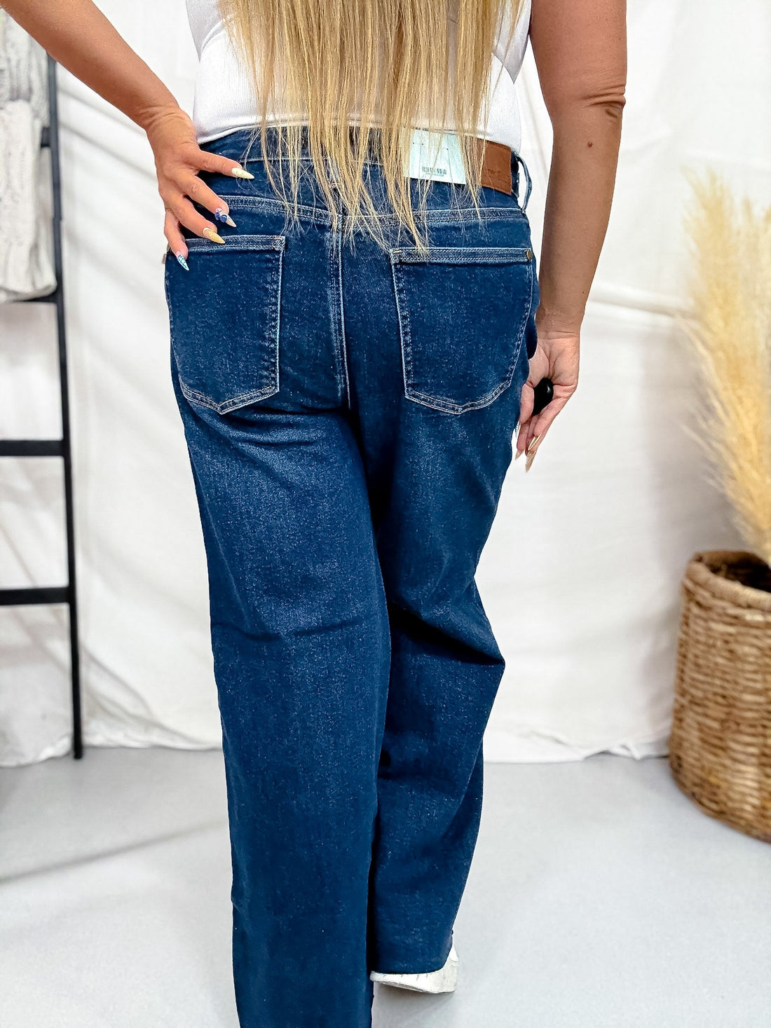Judy Blue Petite High Waist Retro Wide Leg Jeans W/ Adjustable Waist Tabs - Whiskey Skies - JUDY BLUE